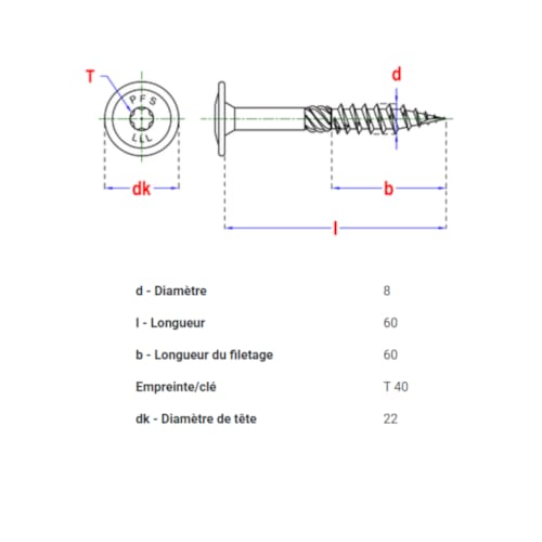 PFS vis à bois tête bombée - T40 8 x 60 mm BlackTop (6 pces)