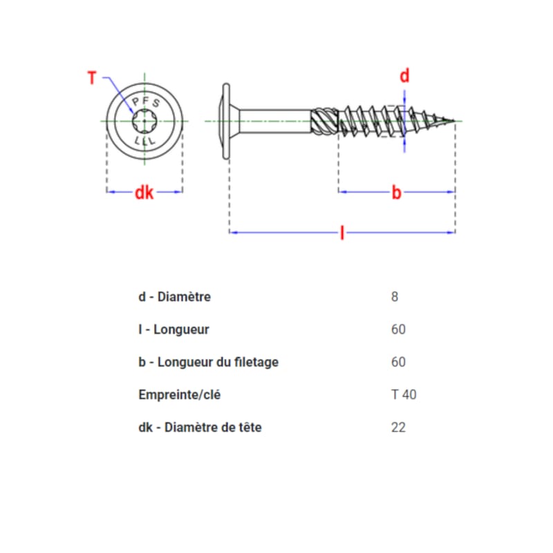 PFS vis à bois tête bombée - T40 8 x 60 mm BlackTop (6 pces)