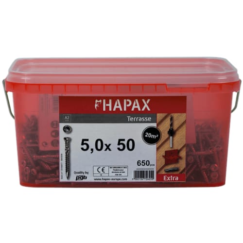 HAPAX Seau de Vis pour Bois Dur en Inox A2 - 5x50 mm (650 pces)