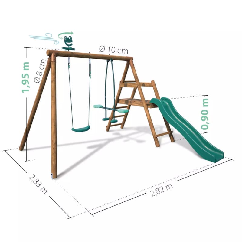 Station avec balançoires et toboggan Menthe - 2820 x 2830 x 1950 mm