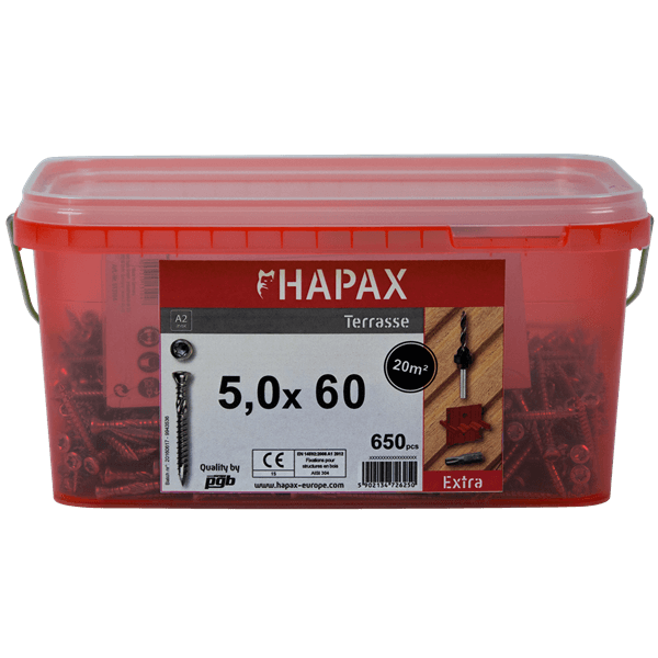HAPAX Seau de Vis pour Bois Dur en Inox A2 - 5x60 mm (650 pces)