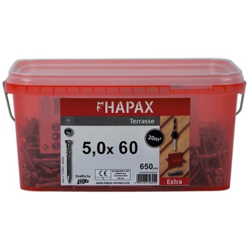 HAPAX Seau de Vis pour Bois Dur en Inox A2 - 5x60 mm (650 pces)