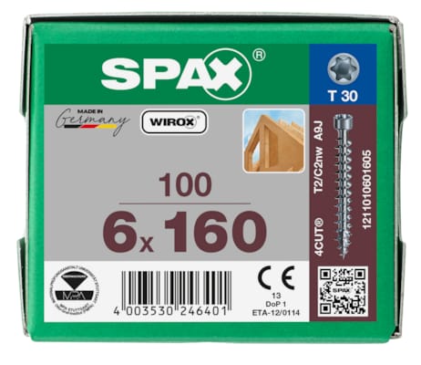 SPAX vis tête cylindrique T-STAR+ T30 filetage WIROX - 6x160 (bte 100 pces)