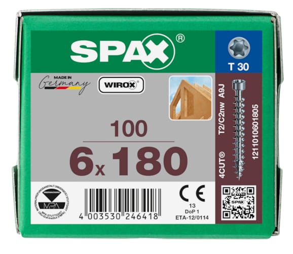 SPAX vis tête cylindrique T-STAR+ T30 filetage WIROX - 6x180 (bte 100 pces)