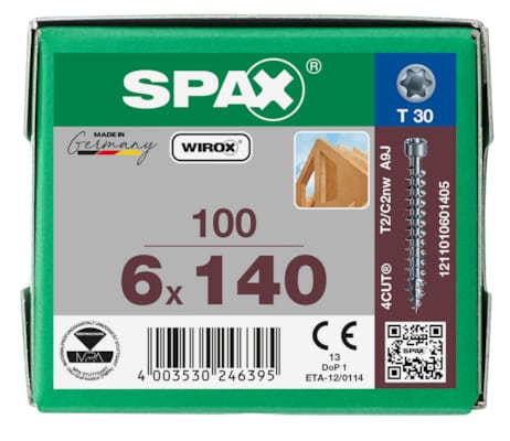 SPAX vis tête cylindrique T-STAR+ T30 filetage WIROX - 6x140 (bte 100 pces)