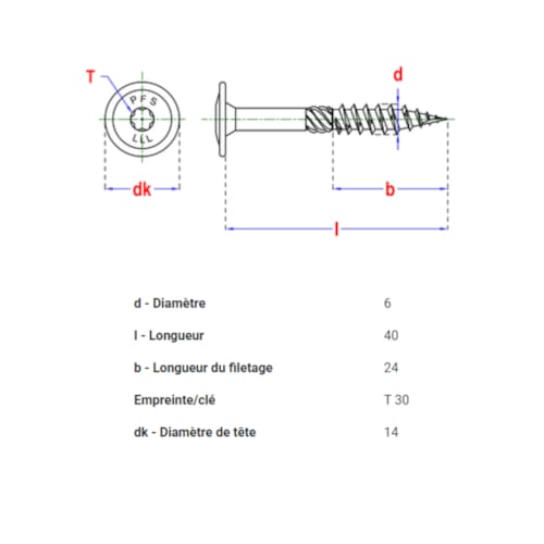 PFS vis à bois tête bombée - T30 6 x 40 mm BlackTop (6 pces)