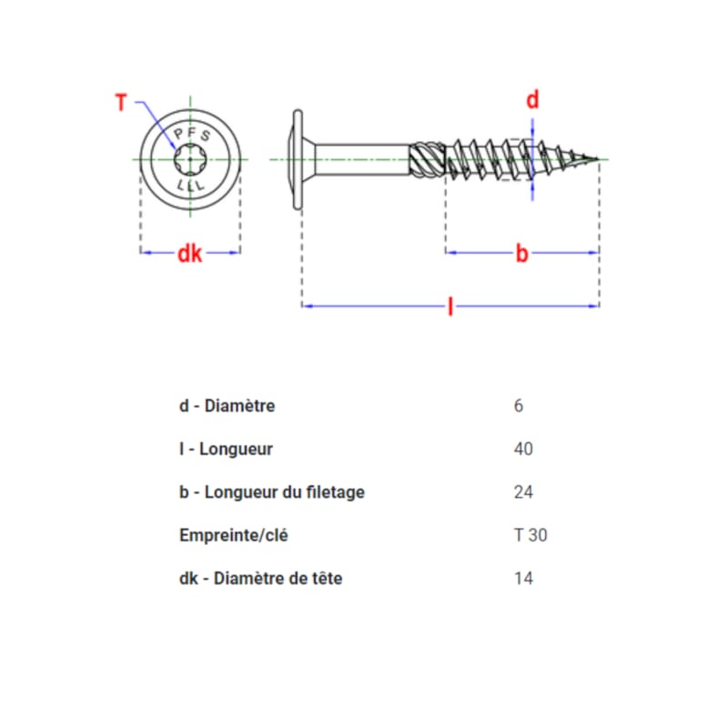 PFS vis à bois tête bombée - T30 6 x 40 mm BlackTop (6 pces)