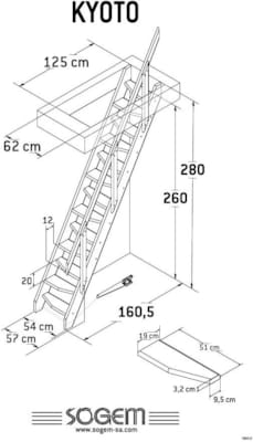 Escalier Kyoto Sapin avec rampe - 280 x 54 cm