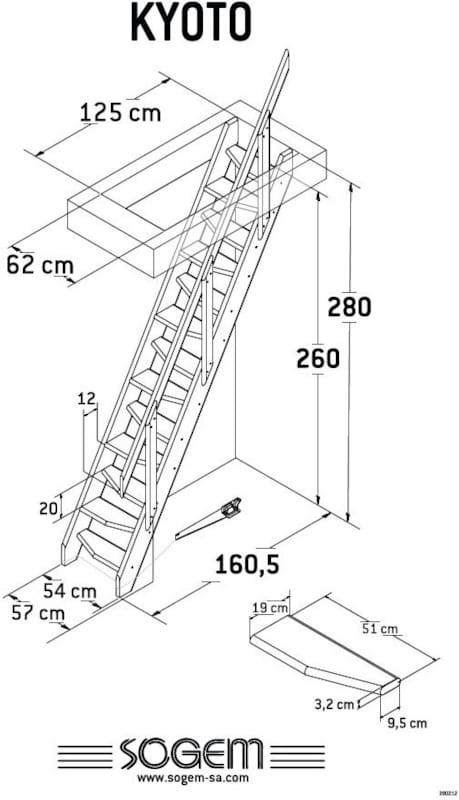 Escalier Kyoto Sapin avec rampe - 280 x 54 cm