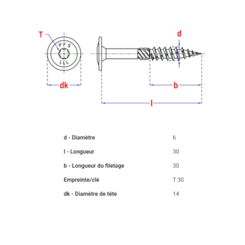 PFS vis à bois tête bombée - T30 6 x 30 mm BlackTop (6 pces)