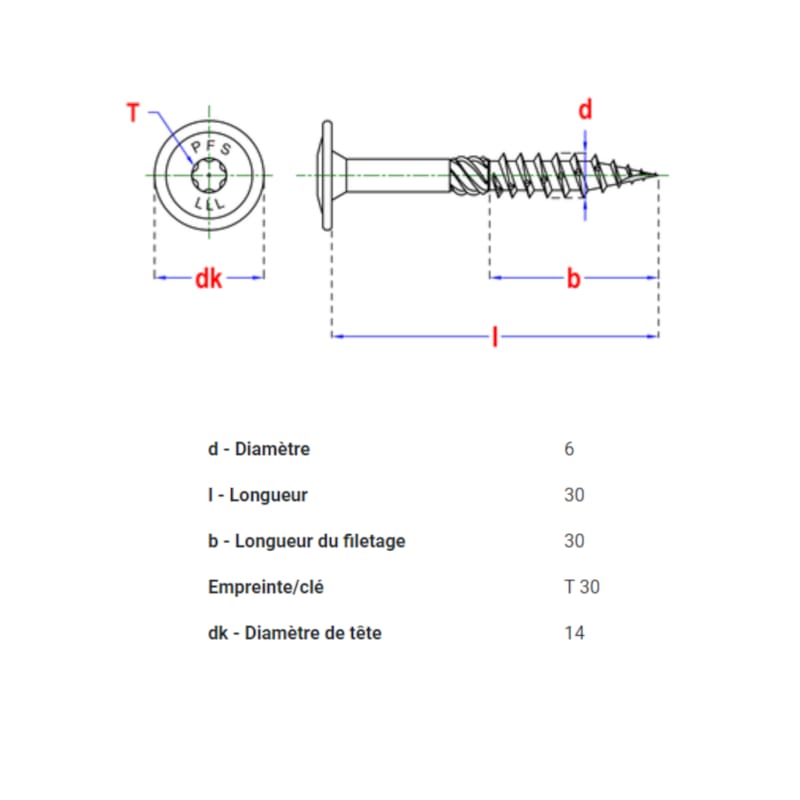 PFS vis à bois tête bombée - T30 6 x 30 mm BlackTop (6 pces)