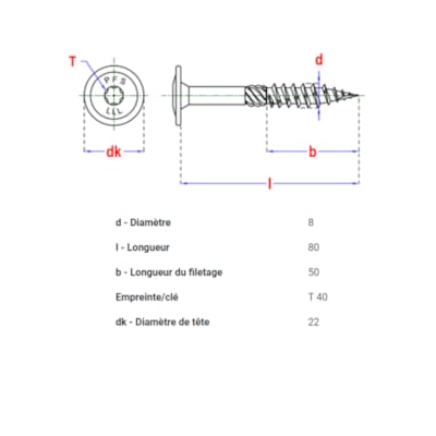 PFS vis à bois tête bombée - T40 8 x 80 mm BlackTop (6 pces)