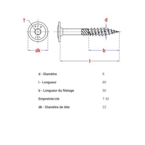 PFS vis à bois tête bombée - T40 8 x 80 mm BlackTop (6 pces)