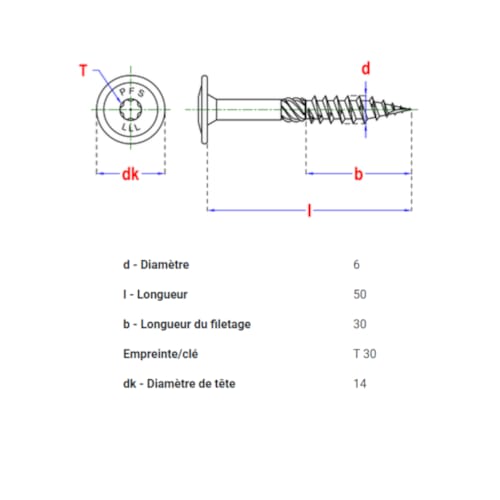 PFS vis à bois tête bombée - T30 6 x 50 mm BlackTop (6 pces)