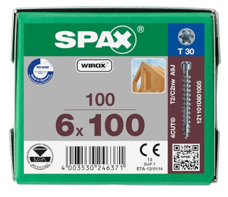 SPAX vis tête cylindrique T-STAR+ T30 filetage WIROX - 6x100 (bte 100 pces)
