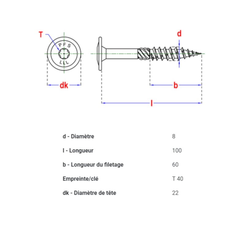 PFS vis à bois tête bombée - T40 8 x 100 mm BlackTop (6 pces)