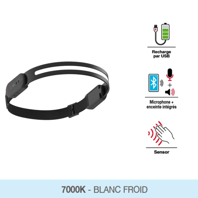 Frontale LED rechargable 5W avec enceinte bluetooth - Blanc froid