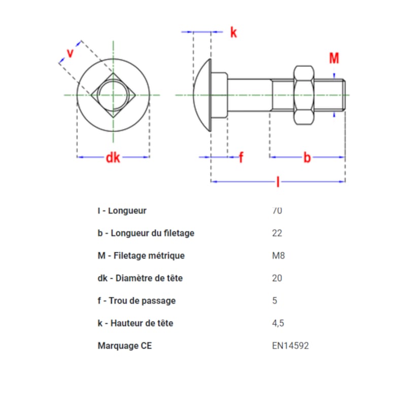 Boulon commerce 4.8 D.603/555 M8 x 70 mm BlackTop (6 pces)