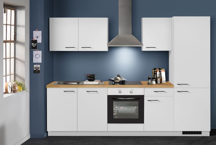 Bloc de cuisine blanc - 270 cm - Colonne à droite - 4 électroménagers + évier